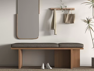 Wooden Bench with Gray Cushion Near Wall Mirror Hanging Rack White Shoes and Plant 3d model