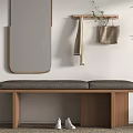 Wooden Bench with Gray Cushion Near Wall Mirror Hanging Rack White Shoes and Plant