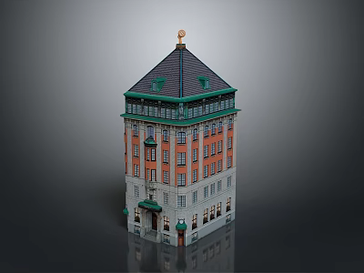 Classic Red Brick Building With Black Roof Green Edge And Golden Dome Top 3d model