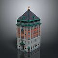 Classic Red Brick Building With Black Roof Green Edge And Golden Dome Top