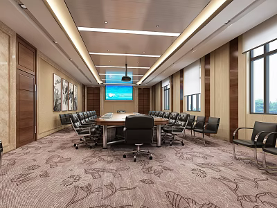 Modern Conference Room Interior With Long Table Chairs Large Screen Wooden Decor And Patterned Carpet 3d model