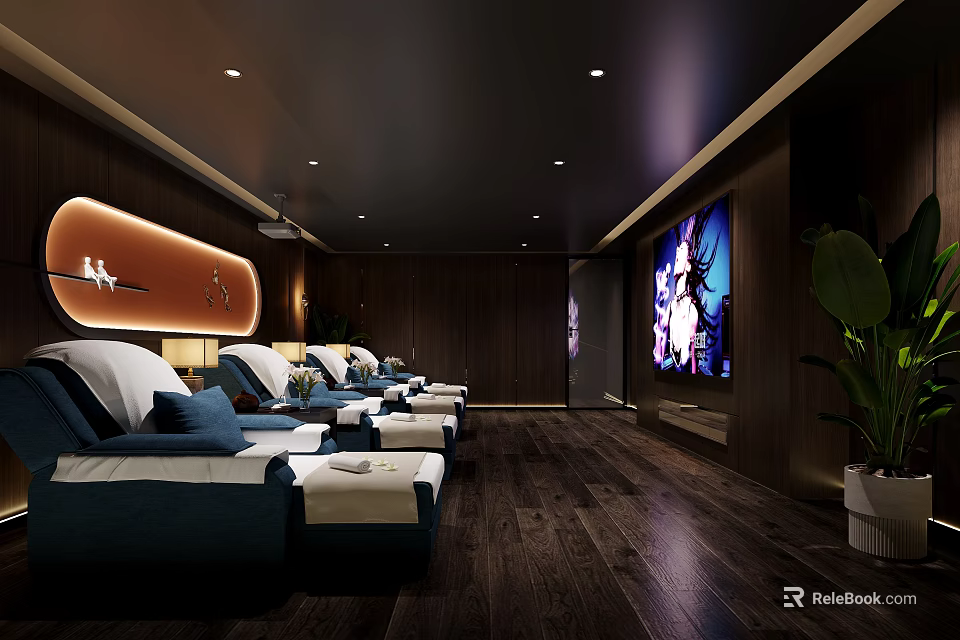 Modern SPA Sauna Interior With Comfortable Loungers Dark Wooden Walls Large TV And Green Plants 3d model 