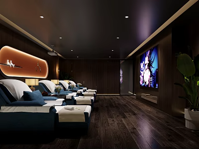 Modern SPA Sauna Interior With Comfortable Loungers Dark Wooden Walls Large TV And Green Plants 3d model