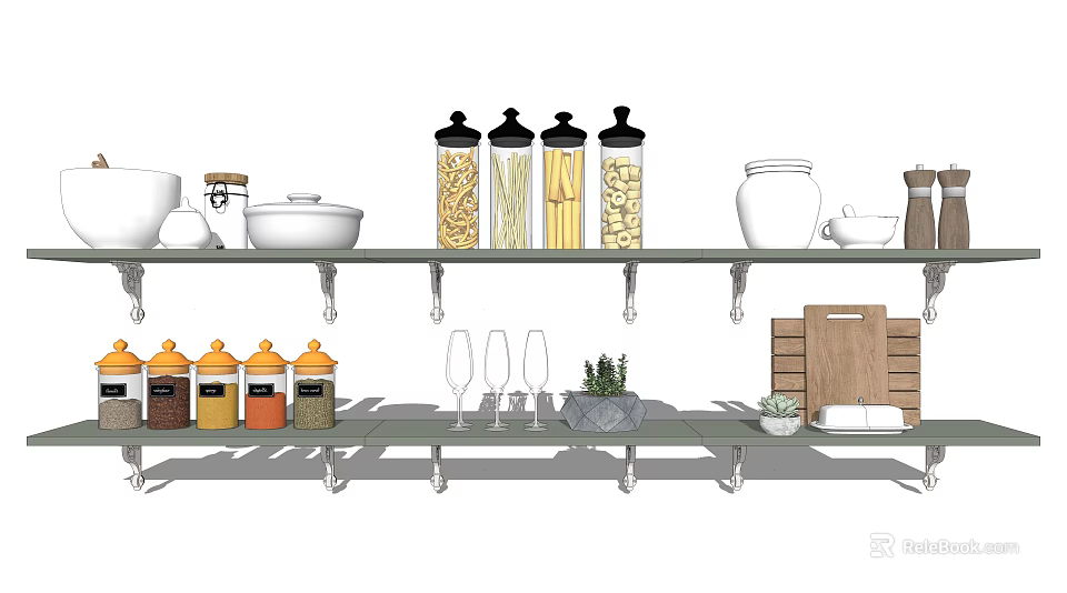 Organized Kitchen Utensils on Shelves with Spice Jars Storage Canisters Bowls and Cutting Boards 3d model 