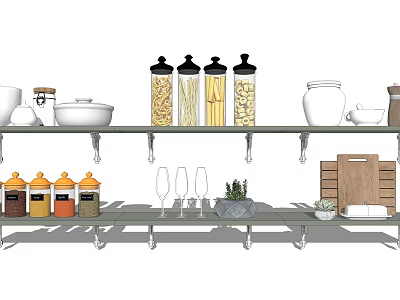 Organized Kitchen Utensils on Shelves with Spice Jars Storage Canisters Bowls and Cutting Boards 3d model