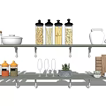 Organized Kitchen Utensils on Shelves with Spice Jars Storage Canisters Bowls and Cutting Boards