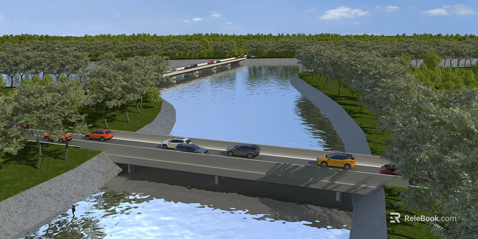 Bridge With Cars Driving Over River Surrounded By Green Trees And Grassy Banks 3d model 