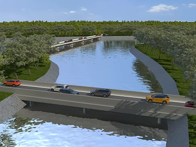 Bridge With Cars Driving Over River Surrounded By Green Trees And Grassy Banks 3d model