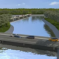 Bridge With Cars Driving Over River Surrounded By Green Trees And Grassy Banks