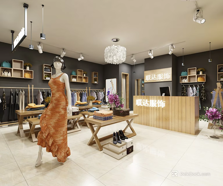 Fashion Clothing Store Interior with Mannequin in Orange Dress and Display Racks 3d model 