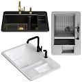 Stylish Black Kitchen Sink With Gold Faucet Wooden Board And Metal Rack