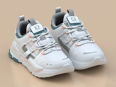 Trendy White Casual Sports Shoes With Gray Teal Accents And Pink Shoelace Details 3d model