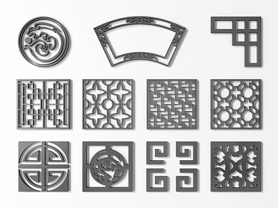 Traditional Chinese Ornamental Lattice Grille Designs With Geometric And Floral Patterns 3d model