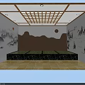 Serene SPA Sauna Interior With Wooden Lattice Ceiling Landscape Painting Wall And Stone Platform Lighting