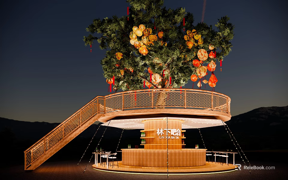 Stylish Wooden Outdoor Bar Under Lantern Decorated Tree With Attached Curved Staircase At Charming Night 3d model 