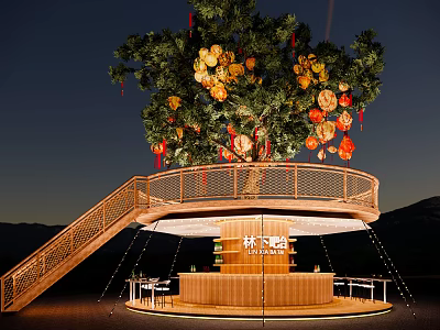 Stylish Wooden Outdoor Bar Under Lantern Decorated Tree With Attached Curved Staircase At Charming Night 3d model