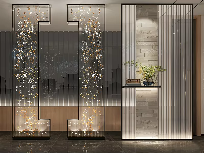 Modern Room Partition Design With Glass Panels Decorative Lighting And Stone Wall 3d model