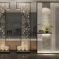 Modern Room Partition Design With Glass Panels Decorative Lighting And Stone Wall
