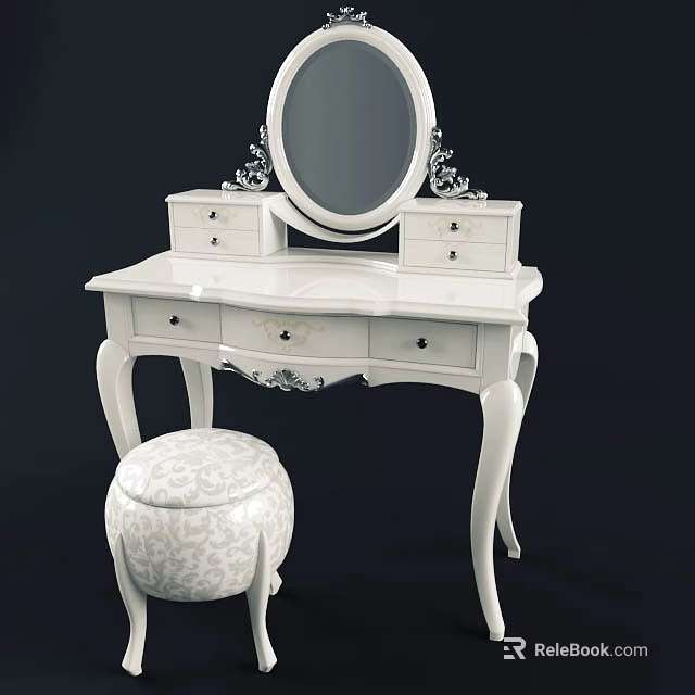Elegant White Dressing Table with Ornate Mirror Drawers and Matching Stool 3d model