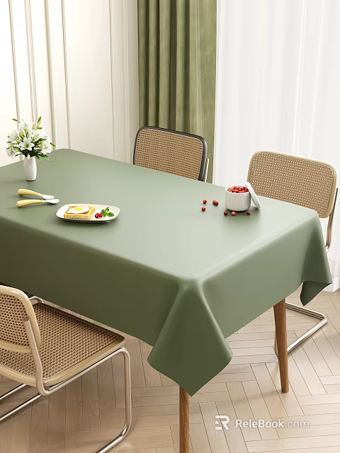 Cozy Dining Table Set With Green Tablecloth Rattan Chairs And Berries In Indoor Space 3d model 