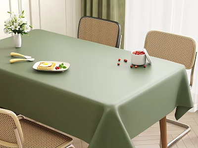 Cozy Dining Table Set With Green Tablecloth Rattan Chairs And Berries In Indoor Space 3d model