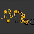 Golden Robotic Arms With Multiple Joints And Wheels Arranged On Dark Background With Reflections