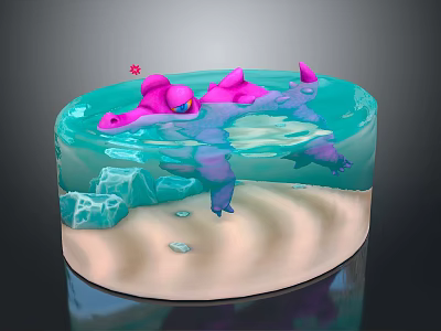 Pink Aquatic Animals Swimming in Blue Water with Ice Blocks and Sandy Bottom 3d model