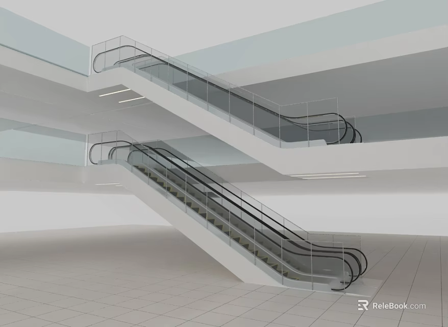 Modern Escalators in Bright Interior Building with Glass Railings and Metal Steps 3d model 