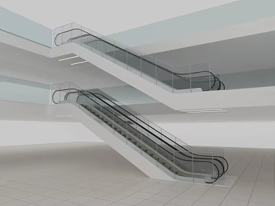 Modern Escalators in Bright Interior Building with Glass Railings and Metal Steps 3d model