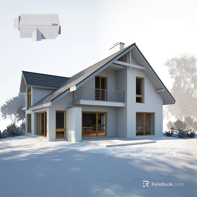 Modern Villa Balcony Featuring White Exterior Gray Roof Wooden Railing and Trees on Snowy Ground 3d model 