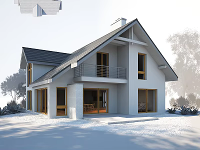 Modern Villa Balcony Featuring White Exterior Gray Roof Wooden Railing and Trees on Snowy Ground 3d model