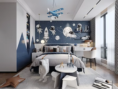 Space Theme Children's Room With Blue Wall Mural Astronauts Rockets And Airplane Mobile 3d model