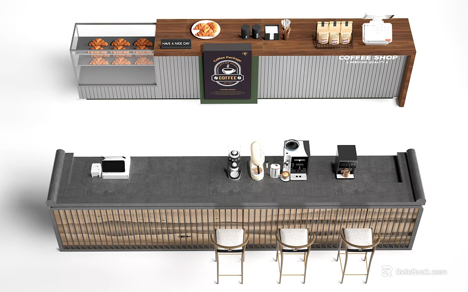 Modern Coffee Shop Cashier Counter With Display Case Bar Counter And Stools 3d model 
