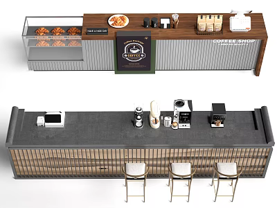 Modern Coffee Shop Cashier Counter With Display Case Bar Counter And Stools 3d model