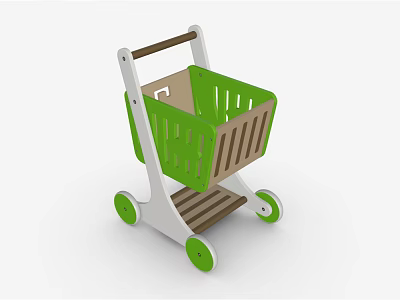Green And White Wooden Toy Shopping Cart With Playful Design And Wheels 3d model