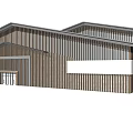 Modern Commercial Complex Exterior With Wooden Panels Stone Walls And Sloped Roofs