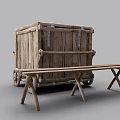 Vintage Wooden Cart With Spoked Wheels And Small Side Table Design