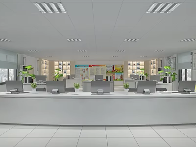 Bright Public Office Space With Multiple Workstations Green Plants And Ceiling Lighting 3d model