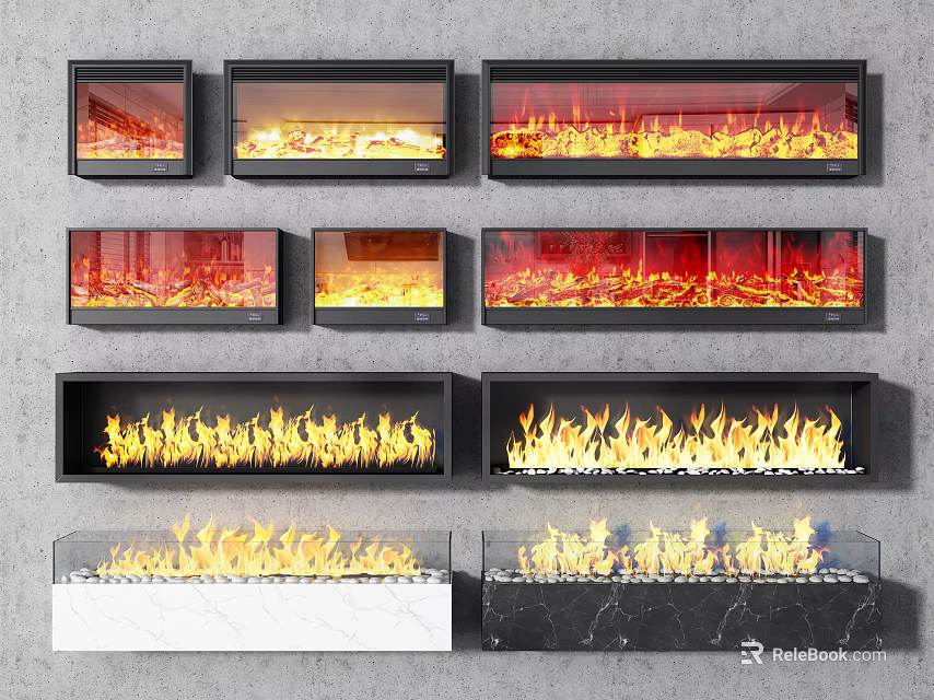 Various Modern Fireplace Designs With Realistic Flame Effects Different Styles And Finishes 3d model