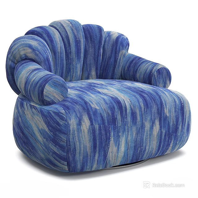 Elegant Blue And Gray Striped Single Sofa With Rounded Design And Curved Arms 3d model 