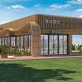 Modern Sales Office Building Featuring Wooden Facade Large Glass Windows And Landscaped Lawn Pathway
