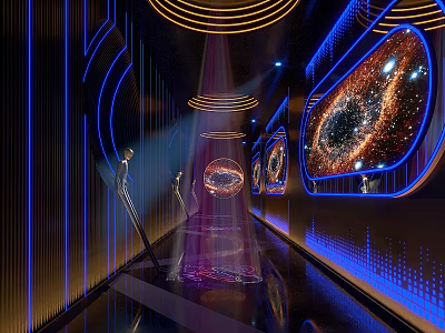 Futuristic Bar Interior With Neon Lights Curved Decor And Cosmic Art 3d model