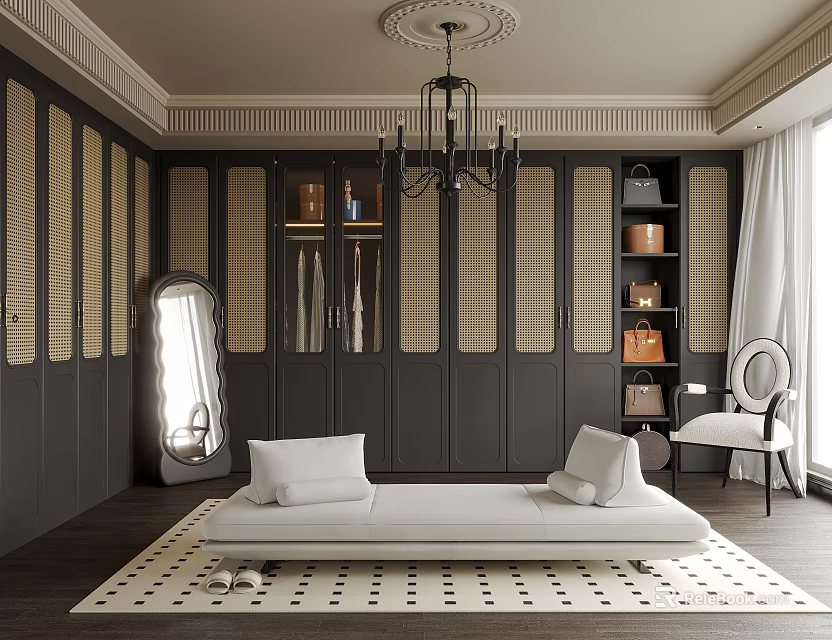 Luxurious Walk In Closet With Dark Cabinets Gold Accents And Daybed 3d model 
