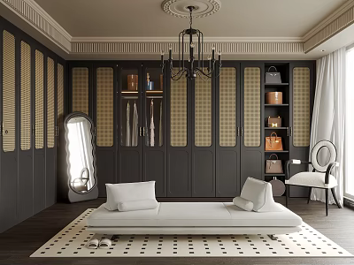 Luxurious Walk In Closet With Dark Cabinets Gold Accents And Daybed 3d model
