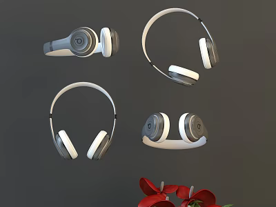 Wireless Headphones With Multiple Angles Display On Grey Background And Red Flowers 3d model