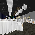 Elegant Restaurant Banquet Hall With White Tables Chairs Floral Centerpieces Pink Petal Aisle And Chandeliers