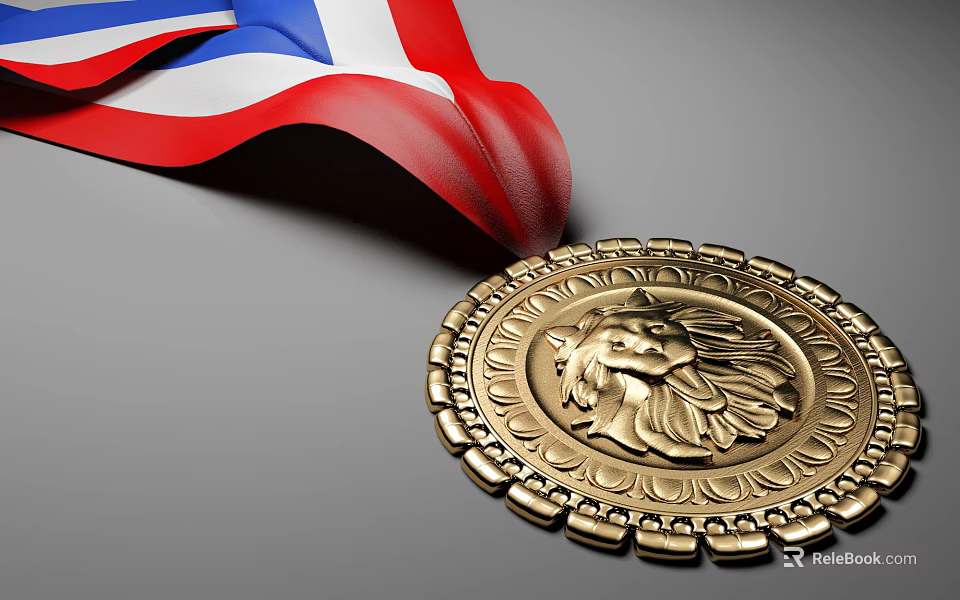 Gold Medal With Lion Head Design And Red White Blue Ribbon 3d model 