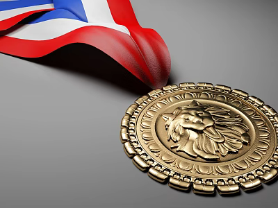 Gold Medal With Lion Head Design And Red White Blue Ribbon 3d model