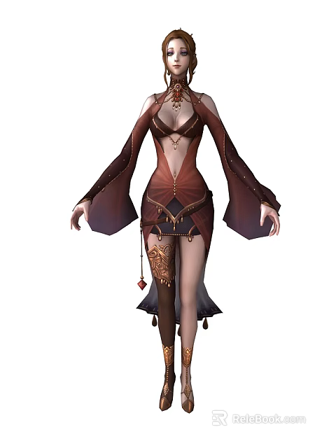 Game and Movie Character in Red Brown Traditional Outfit With Flowing Sleeves and Leg Armor 3d model 