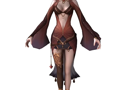 Game and Movie Character in Red Brown Traditional Outfit With Flowing Sleeves and Leg Armor 3d model